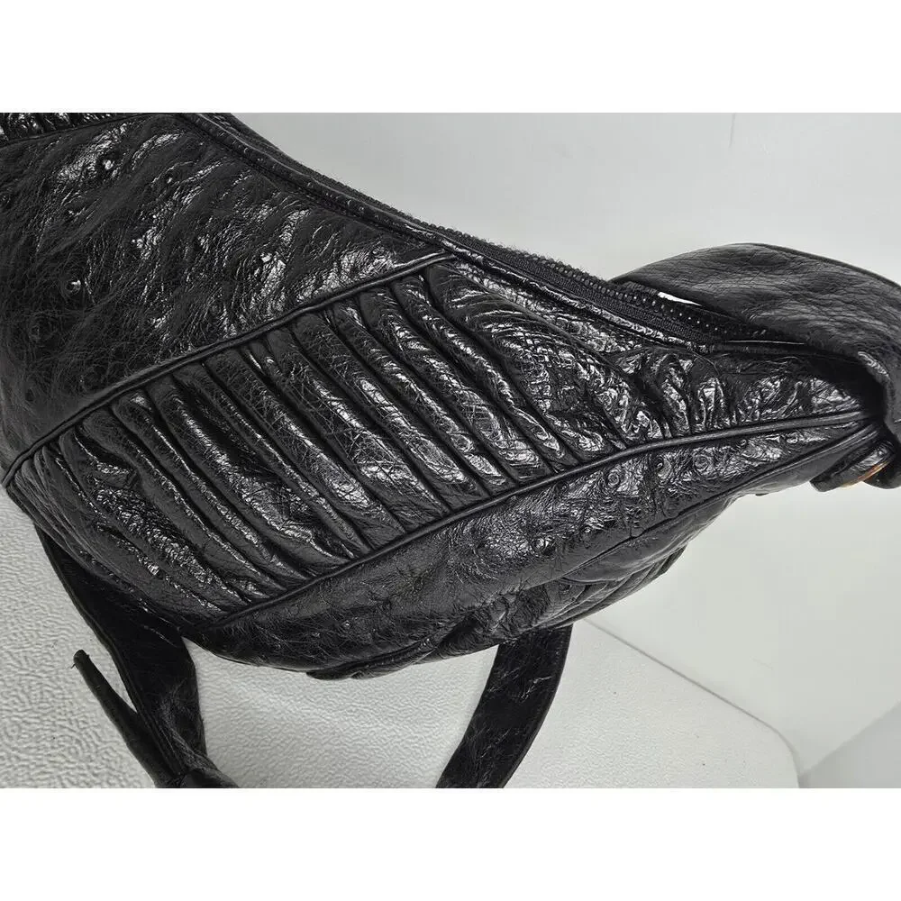 Vintage Judith Leiber Black Ostrich Leather Shoulder Bag Handbag Crescent Shape